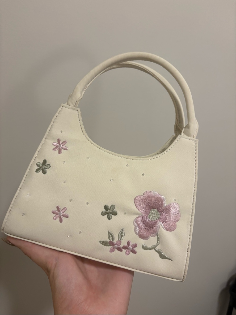 Liz Claiborne Cream Shoulder by Bag with Pink Floral Embroidery